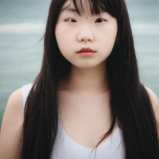 Analogue style, young girl, Asian photo model, sideways, she is looking away, a little depressed, , sea background, wavy long black hair, award-winning studio photography, professional color grading, soft shadows, no contrast, clean sharp focus