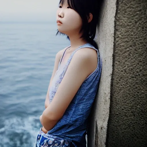 Analog style, young girl, Asian photo model, sideways, she is looking away, a little depressed, , sea background, wavy long black hair, award-winning studio photography, professional color grading, soft shadows, no contrast, clean sharp focus