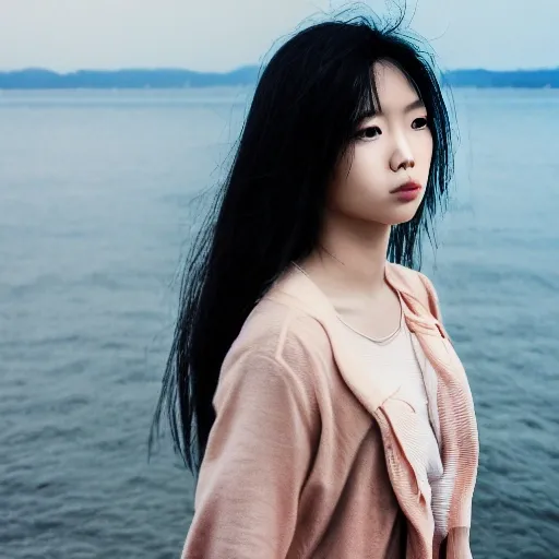 Analog style, young girl, Asian model, sideways, she is looking away, a little depressed, sea background, curly long black hair, professional color grading, soft shadows, no contrast, clean sharp focus, ultra details 