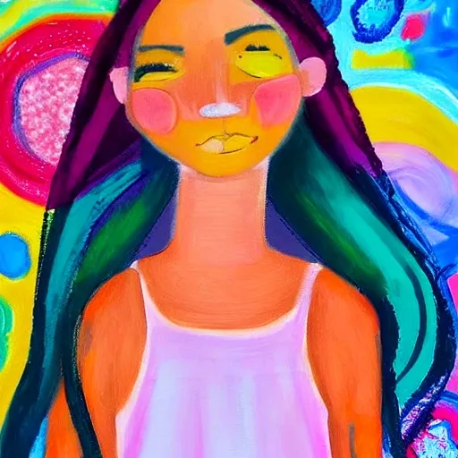 An artistic portrait of a girl in cheerful colors. The girl is in the middle of the painting. The background contains random color overlaps commensurate with the general character of the painting. The girl is in her mid twenties. She has a small nose and wide eyes., Oil Painting