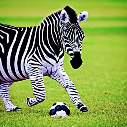 overweight zebra playing football on grass field on two legs, r 
