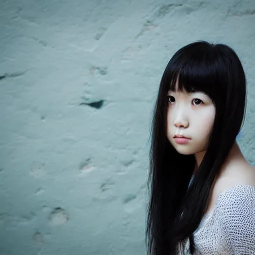 Analogue style, young girl, Asian photo model, sideways, she is looking away, a little depressed, face parts, face details like eyes, lips etc, sea background, wavy long black hair, award winning studio photography, professional colour grading, soft shadows, no contrast, clean sharp focus