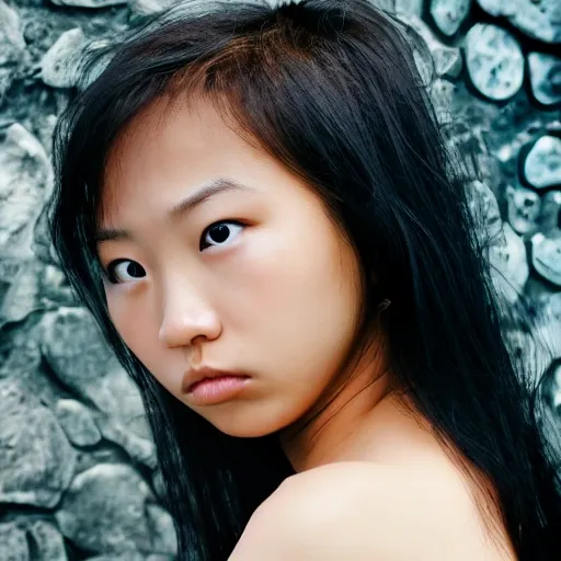 Analogue style, young girl, Asian photo model, sideways, she is looking away, a little depressed, face parts, face details like eyes, lips etc, sea background, wavy long black hair, award winning studio photography, professional colour grading, soft shadows, no contrast, clean sharp focus