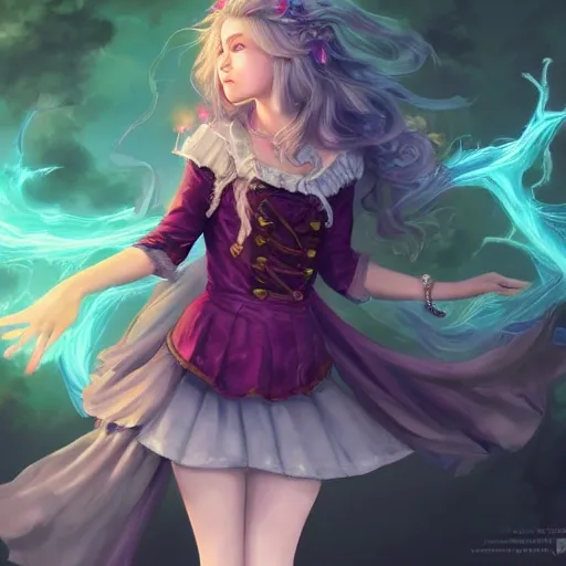 realistic portrait of a innocent young teen girl, d&d magic fantasy, dark magical school student uniform, light curly hair, casting a bright large-scale magical spell around herself, overflowing energy, highly detailed, digital painting, trending on artstation, pixiv, concept art, sharp focus, illustration