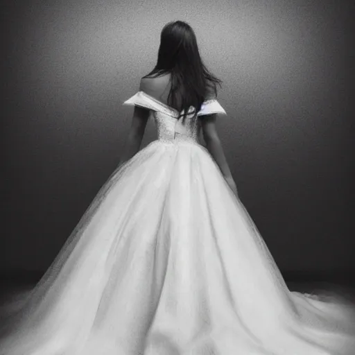 Best quality, masterpiece, ultra high res, (photorealistic:1.3), raw photo, 1girl, wedding_dress, realistic skin texture,offshoulder, in the dark, deep shadow, low key, cold light,high angle,