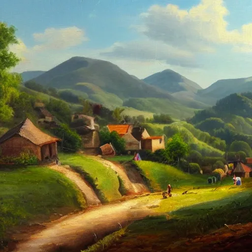 , Oil Painting,quiet village nestled amidst rolling hills,a picturesque village, showing villagers going about their daily activities,MAKE IT HIGH DEFINED ,CLEAR ,16:9 ,hd,8k ,landscape 