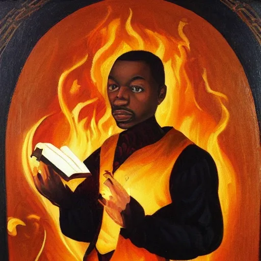 , Oil Painting, Black male wizard in a renaissance suit, holding a grimoire with one hand and a flame in the other hand. full body 