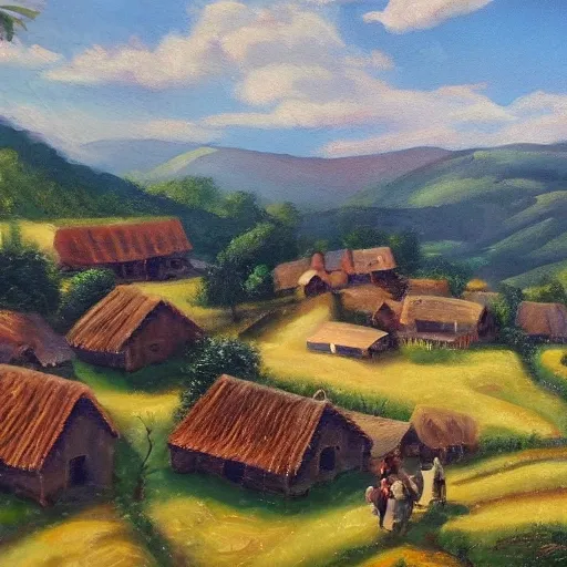 , Oil Painting,quiet village nestled amidst rolling hills,a picturesque village, showing villagers going about their daily activities,MAKE IT HIGH DEFINED ,CLEAR ,16:9 ,hd,8k ,landscape,high defination,clear,more cinamatic,more animatic,8k ,more detailed,everything seems clear,clarity high,4k image 