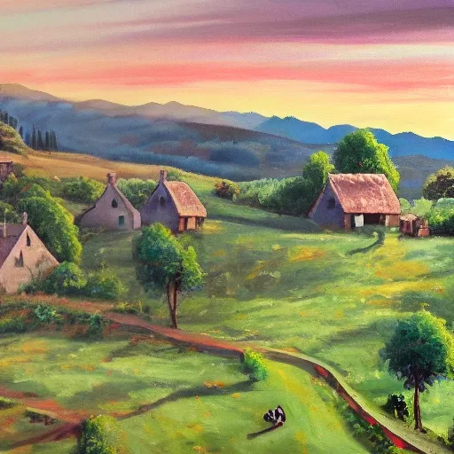 , Oil Painting,quiet village nestled amidst rolling hills,a picturesque village, showing villagers going about their daily activities,MAKE IT HIGH DEFINED ,CLEAR ,16:9 ,hd,8k ,landscape,high defination,clear,more cinamatic,more animatic,8k ,more detailed,everything seems clear,clarity high,4k image ,more defined 