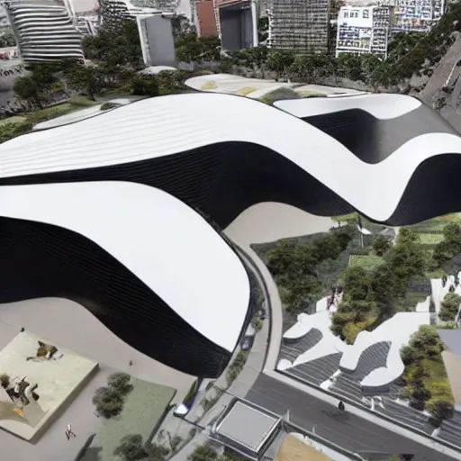 Diseña un centro cultural vanguardista en Lima que combine la fluidez y las formas curvas características de Zaha Hadid con los principios de ventilación cruzada de Le Corbusier, 3D