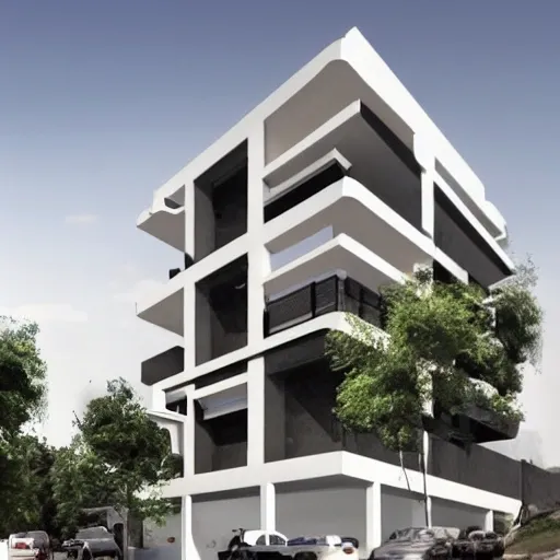 Diseña un edificio de apartamentos de cinco pisos en Lima que tenga el diseño de ventilación cruzada de Le Corbusier, creando hogares modernos y eficientes energéticamente para los residentes., 3D