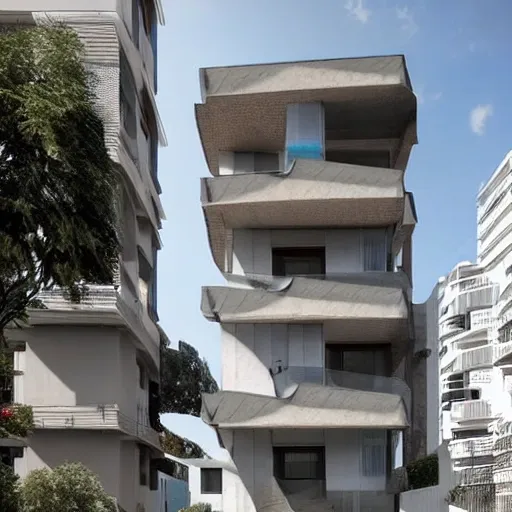 Diseña un edificio de apartamentos de cinco pisos en Lima que tenga el diseño de ventilación cruzada de Le Corbusier, creando hogares modernos y eficientes energéticamente para los residentes, 3D