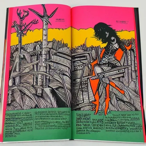 post punk dungeon synth style books in the middle of a park, brutalist, kenneth anger, vibrant colors, working class, feminist , riso, bitmap