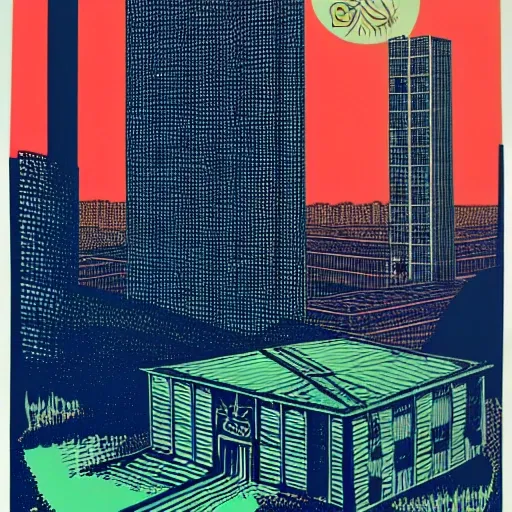 post punk dungeon synth, a pile in the back of a plaza, skyline in the back, litho print, kenneth anger, vibrant colors, working class, feminist , riso, bitmap