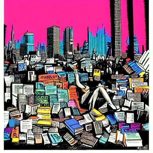 a pile of books in the middle of a plaza, post punk dungeon synth, skyline in the back, litho print, kenneth anger, vibrant colors, working class, feminist , riso, bitmap