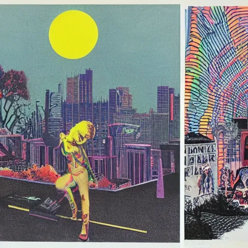 three books in the middle of a plaza, post punk dungeon synth, skyline in the back, litho print, kenneth anger, vibrant colors