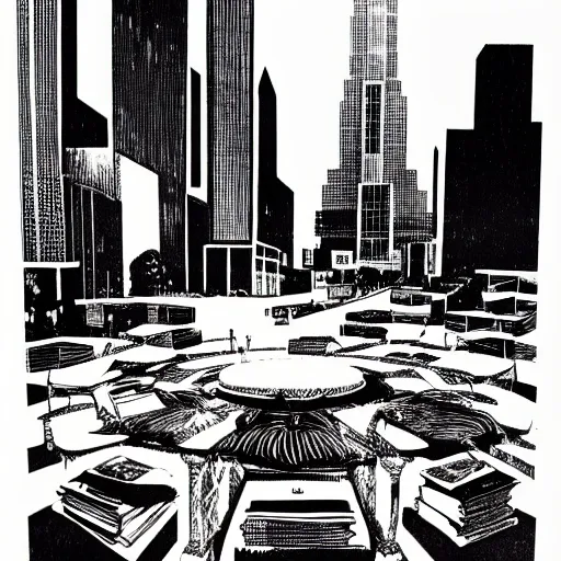 a circle of books in the middle of a plaza, post punk dungeon synth, skyline in the back, litho print, kenneth anger, riso, bitmap