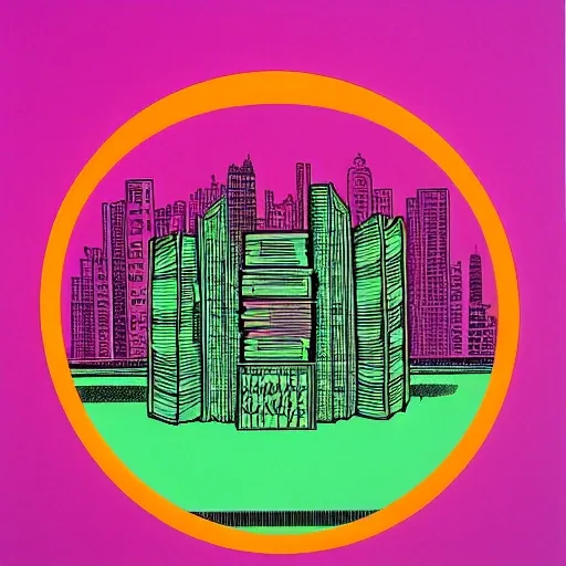 a circle of books in the middle of a plaza, post punk dungeon synth, skyline in the back, litho print, kenneth anger, pink and green, riso, bitmap