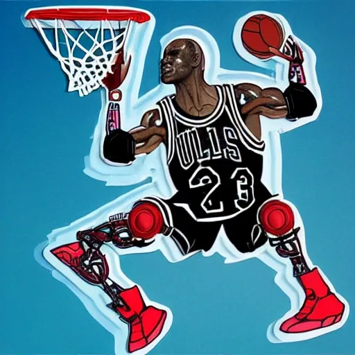 mdjrny-v4 style, ultra-realistic, (Michael Jordan cyborg,  playing basketball, attempt to dunk), robotic parts, rich colors