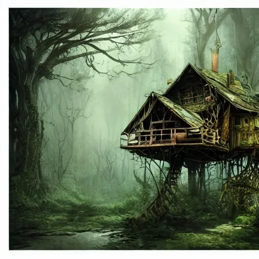 dilapidated, abandoned, broken baba yaga treehouse, in the depths of an eerie forest, tucked within the witchwood forest, overgrown, detailed intricate atmosphere, hd, 4k, digital art, concept art, by greg rutkowski, by loish, complementing colors, Trending on artstation, deviantart beksinski, giger, stable diffusion 