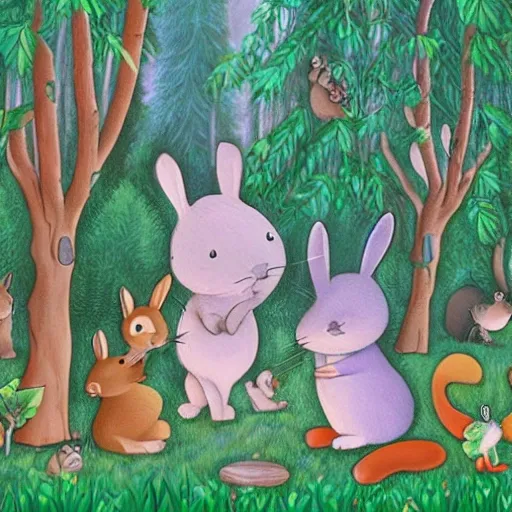 Imagine a beautiful scene in the forest, with tall trees and a clear sky. In the center, he places two smiling animal friends, a bunny and a little mouse, who look at each other with curiosity and joy. Add the title "Enchanted Forest Adventures" in big, bold type.