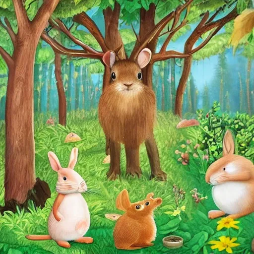 Imagine a beautiful scene in the forest, with tall trees and a clear sky. In the center, he places two smiling animal friends, a bunny and a little mouse, who look at each other with curiosity and joy. Add the title "Enchanted Forest Adventures" in big, bold type.