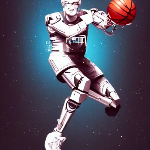 mdjrny-v4 style, realistic, cyborg  playing basketball