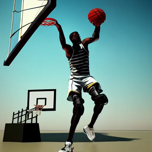 realistic, cyborg playing basketball, 3D photo