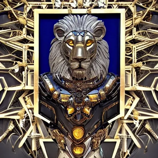  In this prompt, you will create a striking and awe-inspiring digital artwork of a futuristic armoured lion warrior. The lion warrior is composed of a unique blend of materials, including metal, glass, wood, steel, and gold. Its appearance is regal and powerful, exuding an air of strength and resilience.

The armour of the lion warrior is intricately designed, with each material seamlessly integrated to create a visually captivating ensemble. The mixture of metal, glass, wood, steel, and gold brings a harmonious balance of organic and technological elements, showcasing the fusion of nature and advanced craftsmanship.

The eyes of the lion warrior are like two radiant red pearls, glowing with intensity and determination. They emit an aura of focus and vigilance, reflecting the lion's unwavering commitment to its duties as a guardian.

Flowing from the background are soft, beautiful artistic colors, dripping and blending into each other. The colors create a vibrant and ethereal atmosphere, hinting at a dreamlike or otherworldly setting. The careful brushstrokes and delicate gradients contribute to a sense of fluidity and movement within the artwork.

The lion itself is made of a sleek, black, shiny material, exuding a sense of mystery and power. Its features are finely detailed, capturing the noble expression and majestic presence of a lion. The futuristic armoured design adds a modern and technological twist to this ancient symbol of strength and royalty.

The lion warrior's neon yellow hair serves as a bold contrast to the darker elements of the artwork. The electrifying hue represents energy and vitality, suggesting that this guardian possesses an unparalleled vigor and zest for protecting what is important.

Overall, the artwork you create will merge the elements of nature, technology, and artistry into a captivating image. The futuristic armoured lion warrior, with its mesmerizing materials, radiant eyes, artistic color palette, and powerful presence, will serve as a symbol of strength, protection, and beauty.