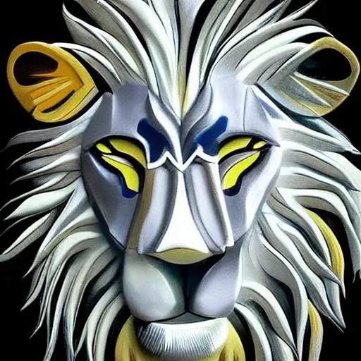  In this prompt, you will create a striking and awe-inspiring digital artwork of a futuristic armoured lion warrior. The lion warrior is composed of a unique blend of materials, including metal, glass, wood, steel, and gold. Its appearance is regal and powerful, exuding an air of strength and resilience.

The armour of the lion warrior is intricately designed, with each material seamlessly integrated to create a visually captivating ensemble. The mixture of metal, glass, wood, steel, and gold brings a harmonious balance of organic and technological elements, showcasing the fusion of nature and advanced craftsmanship.

The eyes of the lion warrior are like two radiant red pearls, glowing with intensity and determination. They emit an aura of focus and vigilance, reflecting the lion's unwavering commitment to its duties as a guardian.

Flowing from the background are soft, beautiful artistic colors, dripping and blending into each other. The colors create a vibrant and ethereal atmosphere, hinting at a dreamlike or otherworldly setting. The careful brushstrokes and delicate gradients contribute to a sense of fluidity and movement within the artwork.

The lion itself is made of a sleek, black, shiny material, exuding a sense of mystery and power. Its features are finely detailed, capturing the noble expression and majestic presence of a lion. The futuristic armoured design adds a modern and technological twist to this ancient symbol of strength and royalty.

The lion warrior's neon yellow hair serves as a bold contrast to the darker elements of the artwork. The electrifying hue represents energy and vitality, suggesting that this guardian possesses an unparalleled vigor and zest for protecting what is important.

Overall, the artwork you create will merge the elements of nature, technology, and artistry into a captivating image. The futuristic armoured lion warrior, with its mesmerizing materials, radiant eyes, artistic color palette, and powerful presence, will serve as a symbol of strength, protection, and beauty., 3D, Trippy
