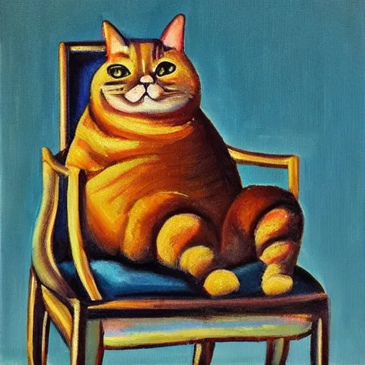 Funny fat cat is sitting on the chair, Oil Painting