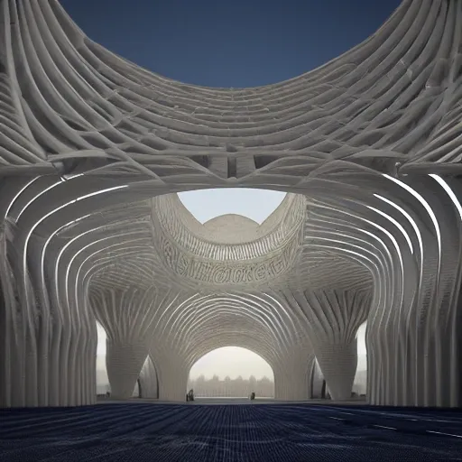 Islamic mosque, futuristic look. unique design, zaha hadid, CGI, 3d render, from outside, photo realistic, cinematic view, palms around it