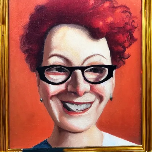 Funny middle age woman with curl red hair with small round glasses, Oil Painting
