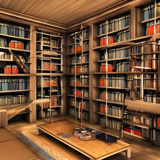 Inside of a realistic Modern library from a house in the night., 3D, Trippy