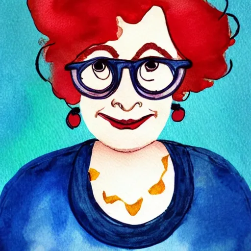 Funny middle age woman with curl red hair with small round glasses, Water Color