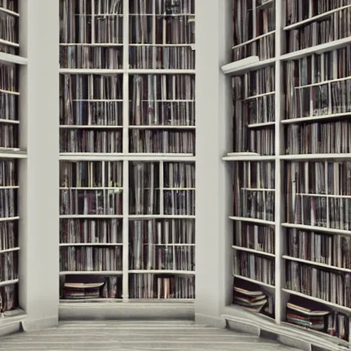 Inside of a realistic Modern library of double height from a house in the night., 3D, Trippy