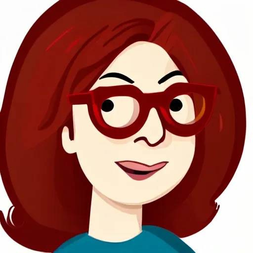 Funny middle age woman with curl red hair with small round glasses, Cartoon