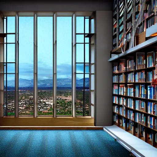 Inside of a realistic Modern library of double height with a big window with a view to a town in the night., 3D, Trippy