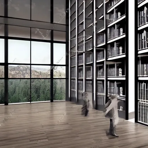 Inside of a realistic Modern library of double height with a big window with a view to a town in the night., 3D, Trippy