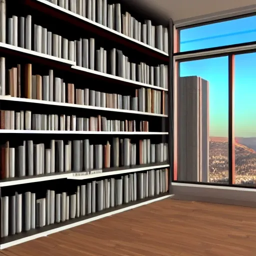 Inside of a realistic Modern library of double height with a big window with a view to a town in the night., 3D, Trippy