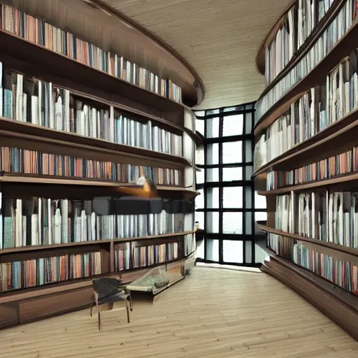 Inside of a realistic Modern library of double height with a big window with a view to a town in the night., 3D, Trippy