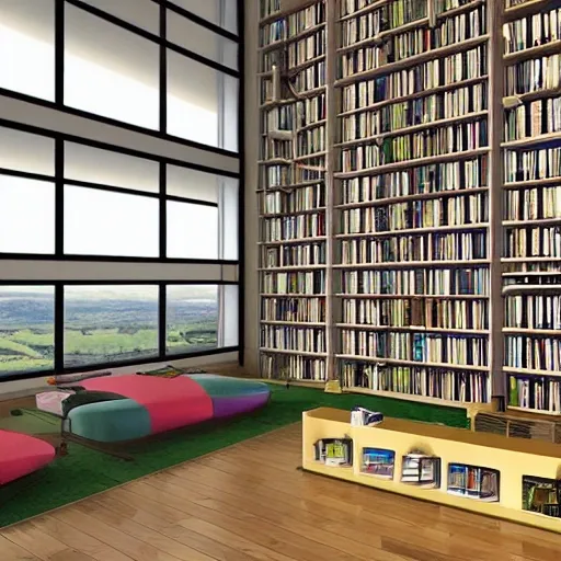 Inside of a realistic Modern library of double height with a big window with a view to a town in the night., 3D, Trippy