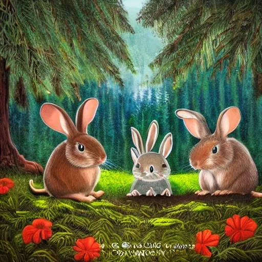 Imagine a beautiful scene in the forest, with tall trees and a clear sky. In the center, he places two smiling animal friends, a bunny and a little mouse, who look at each other with curiosity and joy. Add the title "Aventuras en el Bosque Encantado" in big, bold type.