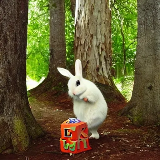 , 3D "Aventuras en el
 Bosque Encantado"
Imagine a beautiful scene in the forest, with tall trees and a clear sky. In the center, place two friendly and adorable animal friends, a bunny and a little mouse, looking at each other with curiosity and joy. Add the title "Aventuras en el Bosque Encantado" in big and eye-catching letters.