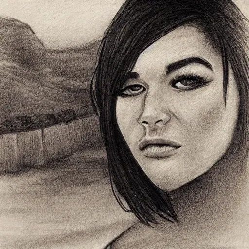 chica nativo americana con buena figura y rostro hermoso mirando al horizonte con el sol en el atardecer con un primer plano donde el viento haga recorrer su cabello hacia atras mientras hondea
, Pencil Sketch