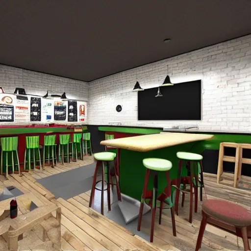 a bar for university students, with an open place for smokers and other place for games, 3D