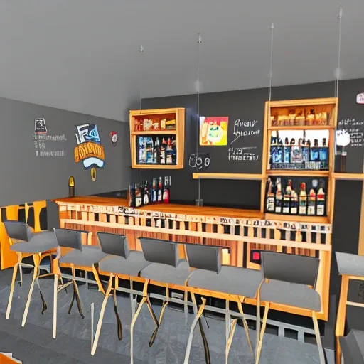 a bar for university students, with an open place for smokers and other place for games, 3D