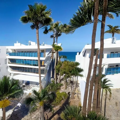 una foto de un edificio de planta baja y primer piso nada más en frente del mar mediterraneo con 4 palmeras en la cera.