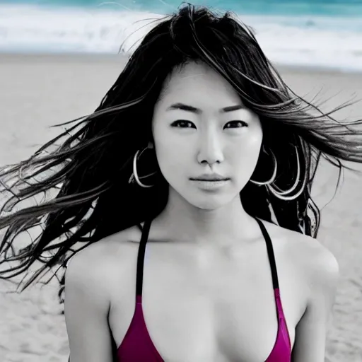 Generate an image of a beautiful Japanese girl who is a surfer