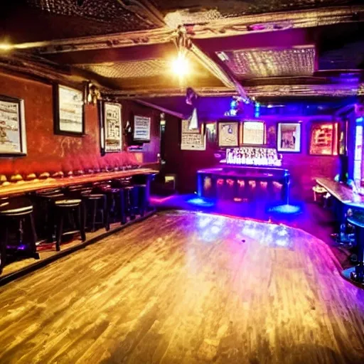 a pub with good ilumitation, a dance floor with stage , a rockola, 3D